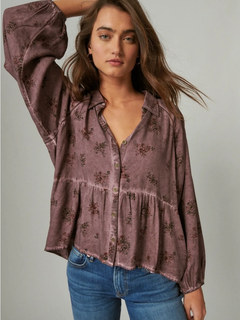 Lucky Brand Floral Mauve Purple 100% Viscose Button-Front Peplum Top XS